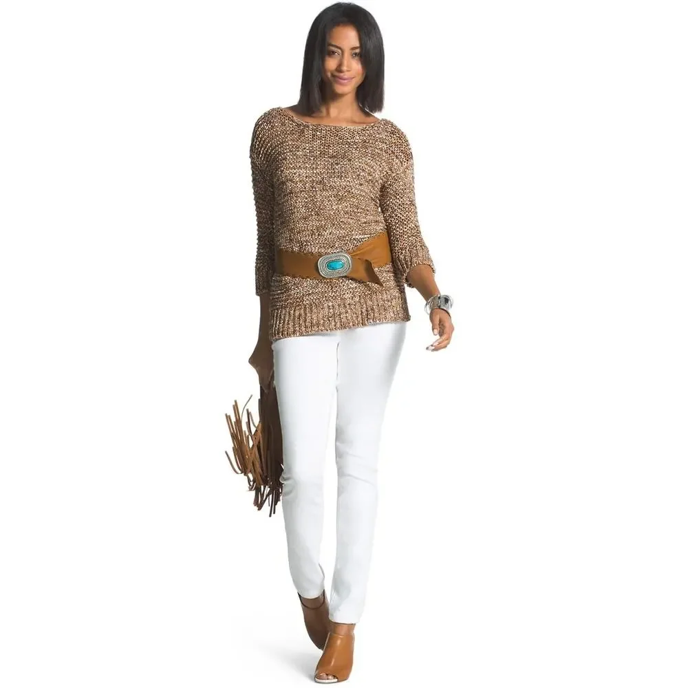 Chico's Sweater 2 L Textured Sherri Pullover‎ Marled Knit 3/4 Sleeve Neutral